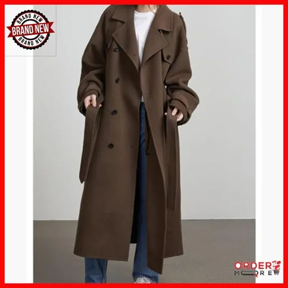 Women's Winter Peacoat Trench Coat Double Breasted Belted Long Sleeve - Picture 3 of 6